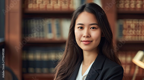 Portrait of a young Asian female Lawyer or attorney working in the office, smiling and looking at camera.