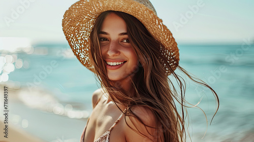 A lovely brunette woman in a swimsuit and straw hat walking by the seaside in summer morning