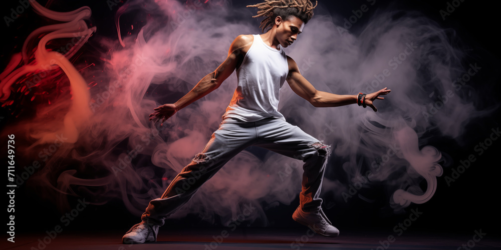 Young hip hop dancer dancing on a dark background in smoke.