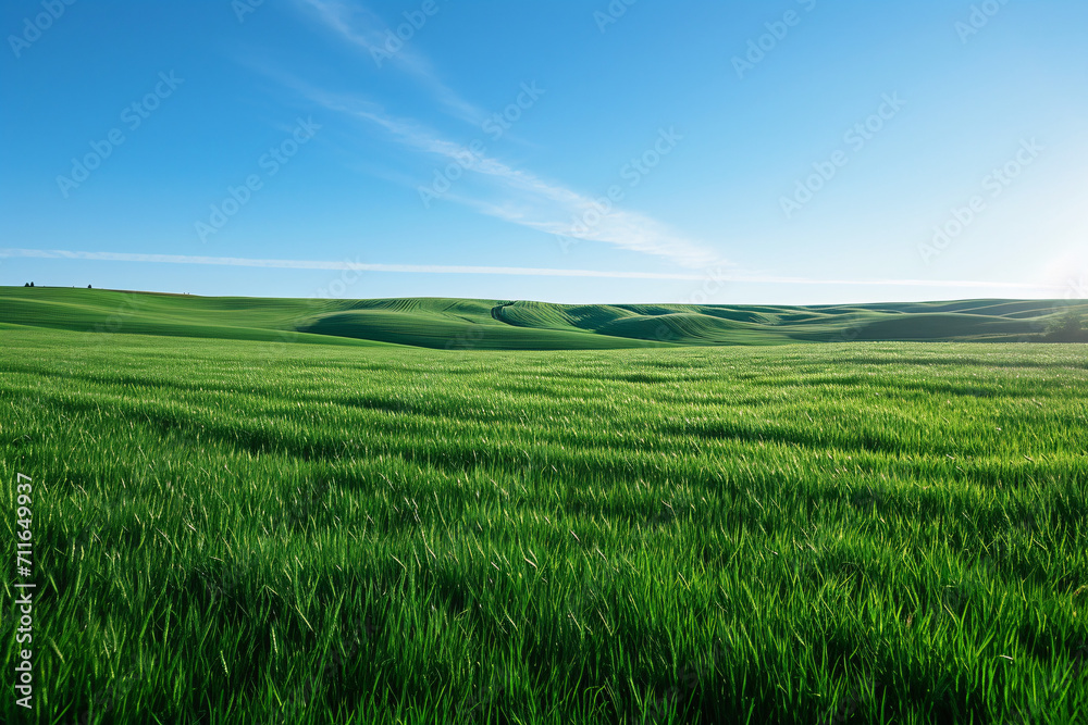 Lush green rolling hills under a clear blue sky
