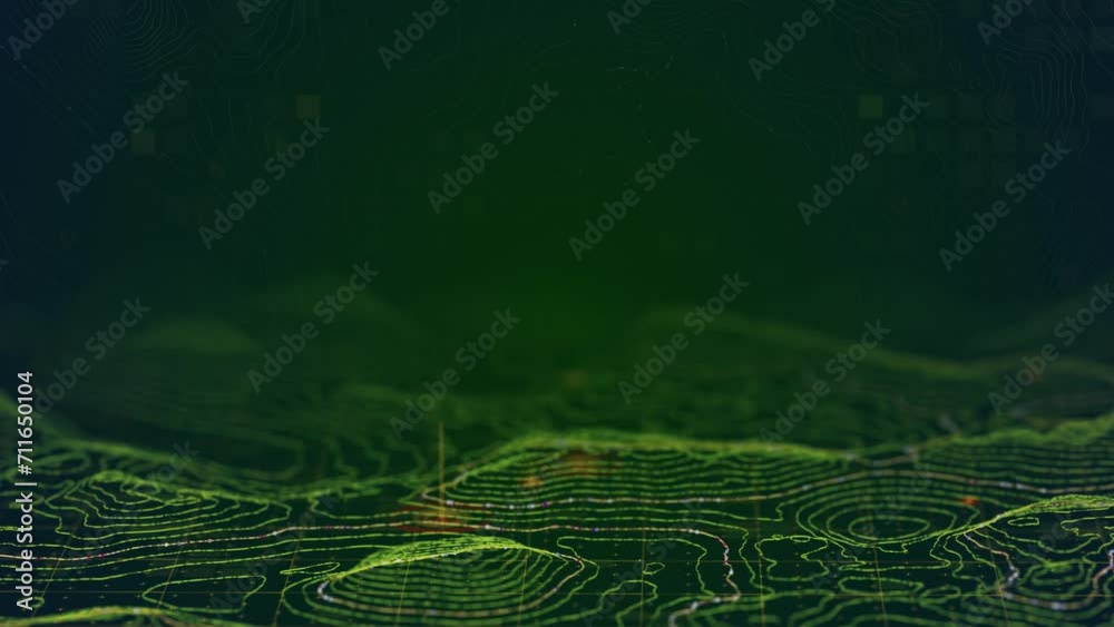 The lights are moving and igniting on the relief surface with contour mesh. A luminous lines are connecting points on a terrain, a three dimensional modern background