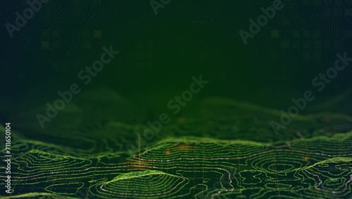The lights are moving and igniting on the relief surface with contour mesh. A luminous lines are connecting points on a terrain, a three dimensional modern background photo