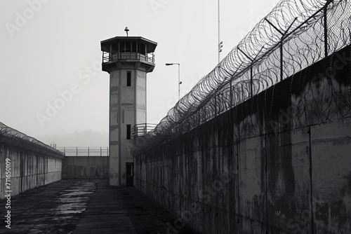 Black and white image of watchtower in prison with barbed wire
