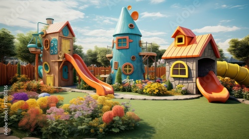 Children's playground with slide and fantasy castle house outdoors in spring