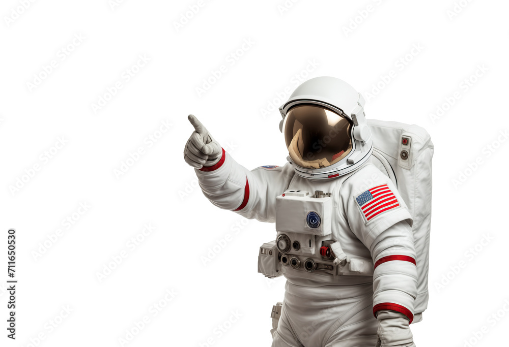 Astronaut in White Space Suit with american flag patch on it Pointing finger up on transparent background Astronaut in White Space Suit with american flag patch on it Pointing finger up on transparent background