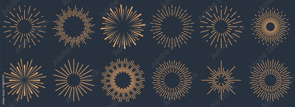 Vintage sunburst collection.Retro gold Sun burst shapes. Bursting golden sun rays. Vintage light starburst labels, badges,Fireworks,Logotype or lettering design element. Radial sunset beams. 