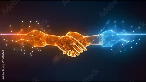 Businessperson shaking hand with digital partner over futuristic background. Artificial intelligence and machine learning process for 4th industrial revolution. photo