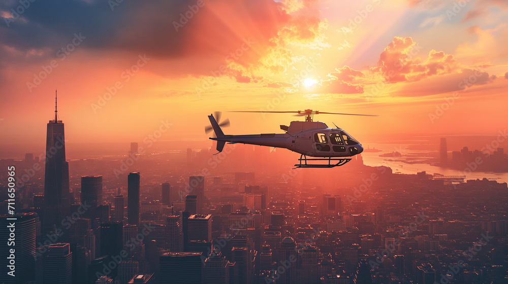 Helicopter Flying Over City at Sunset Helicopter Flying Over City at Sunset