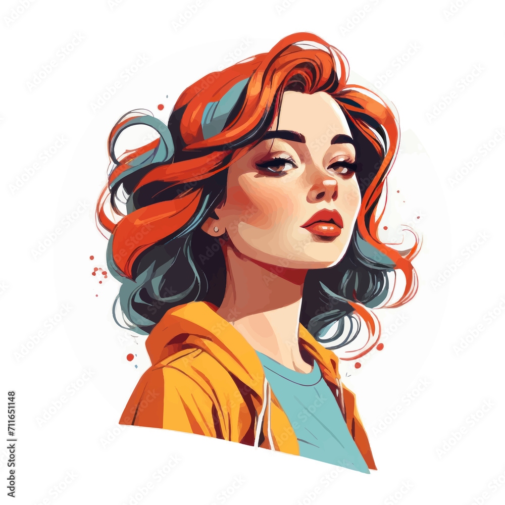 female character in lively comic aesthetic illustration, three color combination for T-shirt printing.
