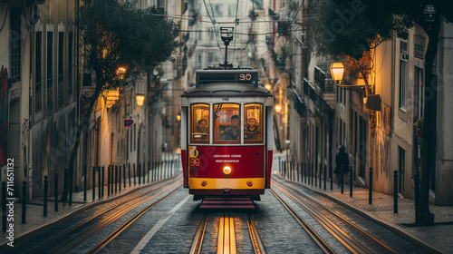 Red and Yellow Trolley Car Traveling Down a Street