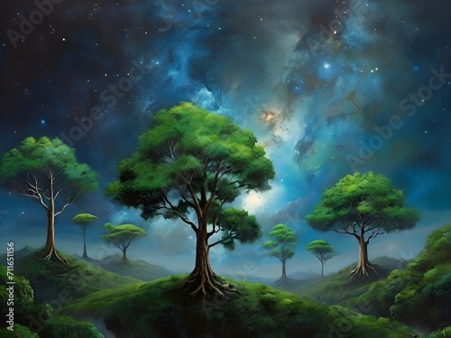 trees under the sky with stars