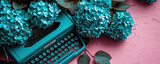 Old vintage blue typewriter with colorful spring flowers on pink background. Love concept. Greeting card, banner, poster, flyer for Valentine's, Mother's and Women's day