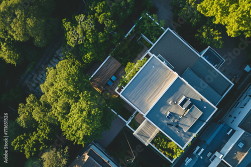 Aerial view of a suburban home with a flat roof among trees photo