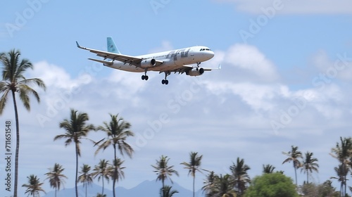 An Airbus plane takes off among the clouds against the background of a blue sky of palm trees and the ocean coast.