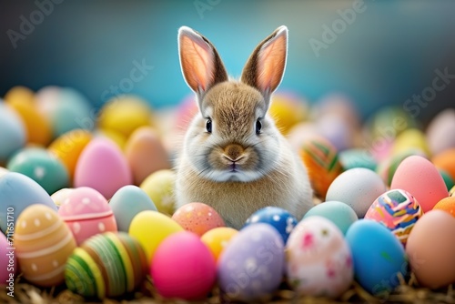 Whimsical Easter Joy Funny Easter Concept Holiday Animal Celebration Greeting Card with a Cute Little Easter Bunny Rabbit Amidst Many Colorful Painted Easter Eggs. created with Generative AI