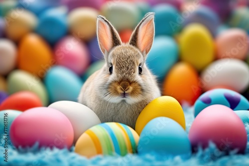 Whimsical Easter Joy Funny Easter Concept Holiday Animal Celebration Greeting Card with a Cute Little Easter Bunny Rabbit Amidst Many Colorful Painted Easter Eggs. created with Generative AI © photobuay