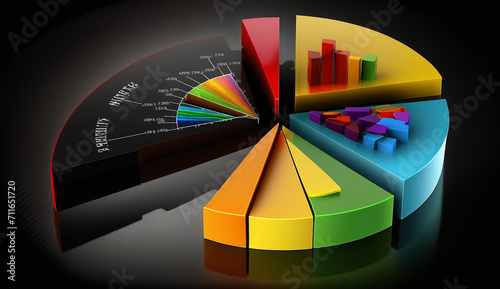 3d rendering of pie chart in black background with colorful rainbow bars, 3d rendering of pie chart in Black background with business charts and graphs, Ai generated image