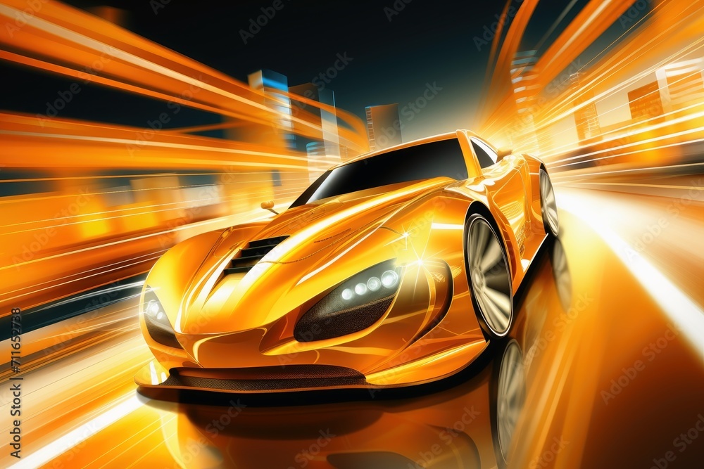 A fast modern hyper car with lightbeams showing the speed.