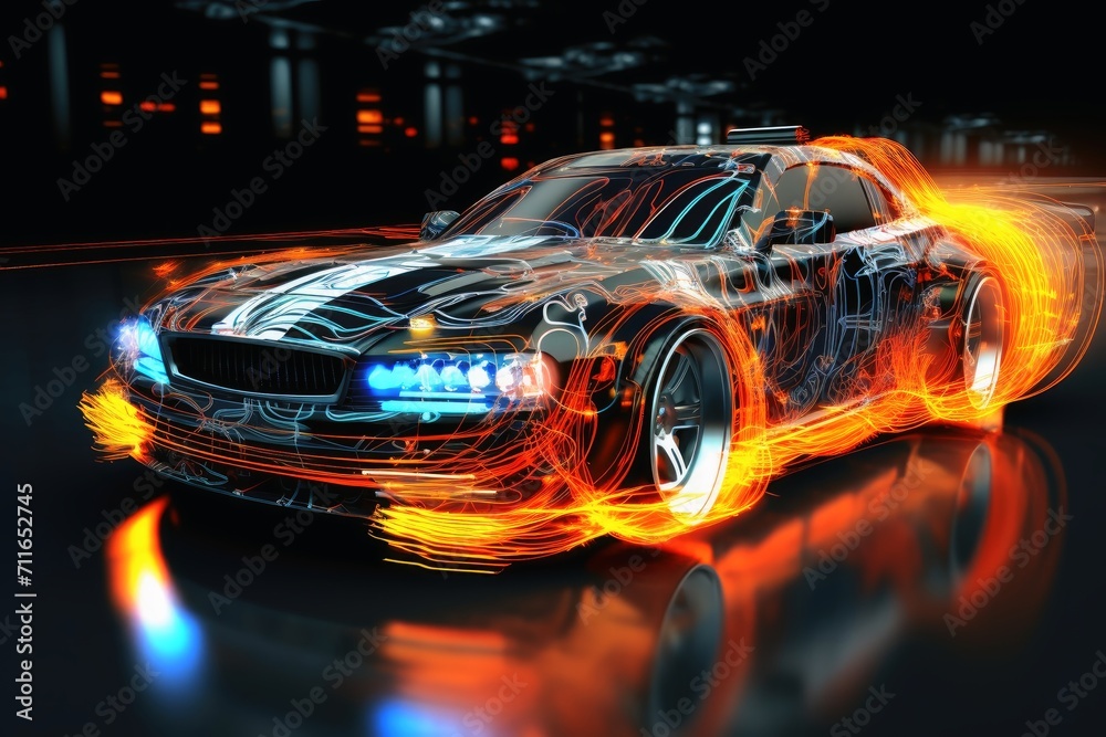 A fast modern hyper car with lightbeams showing the speed.