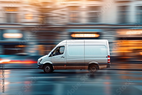 A delivery Van driving High-Speed with a blurred background.