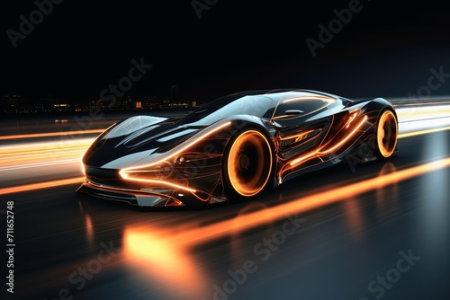 A fast modern hyper car with lightbeams showing the speed. © Nicole