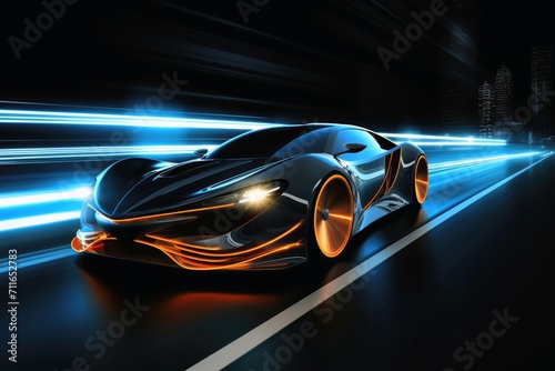 A fast modern hyper car with lightbeams showing the speed. © Nicole