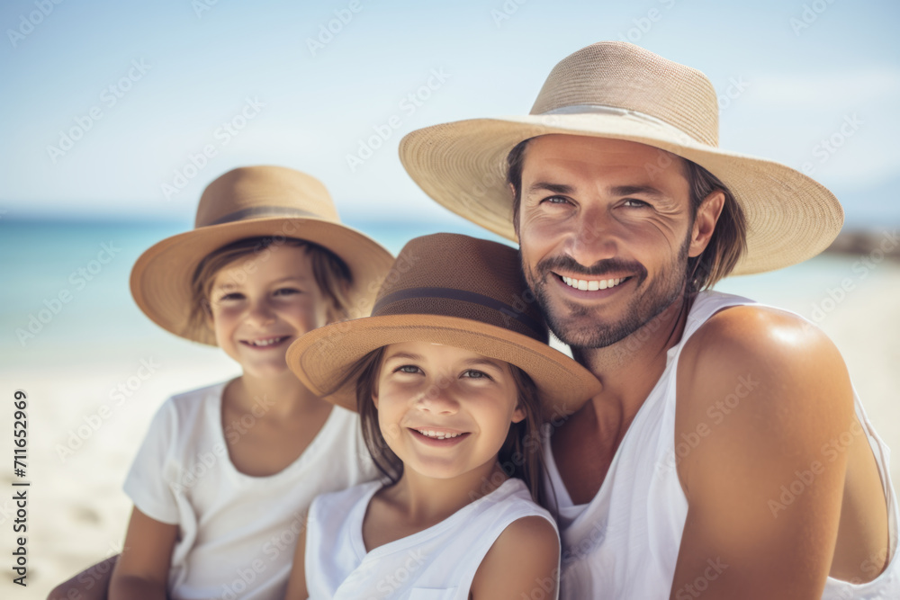 Happy family spending good time at the beach together, taking selfie