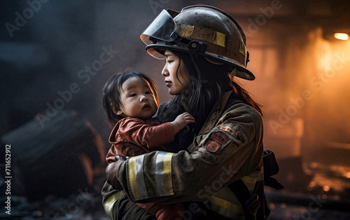 Asian Female Firefighter Comforting Child After Rescue From fire danger