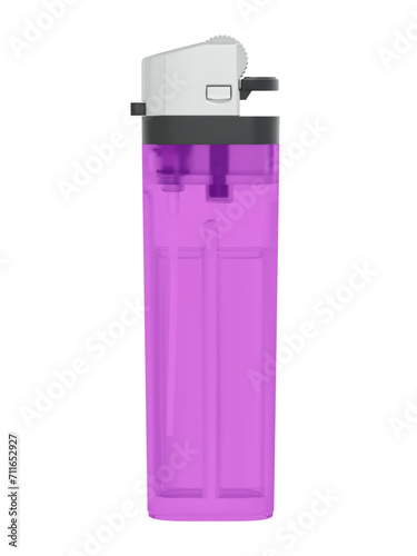 Plastic transparent classic lighter with lit fire. Vector illustration on checkered background