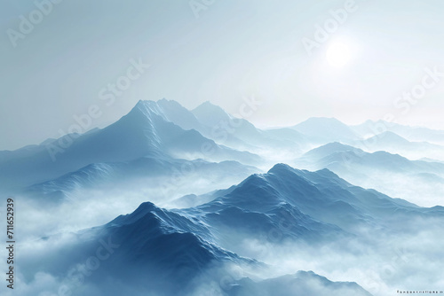 Mountain peaks emerging from misty clouds with sunlight