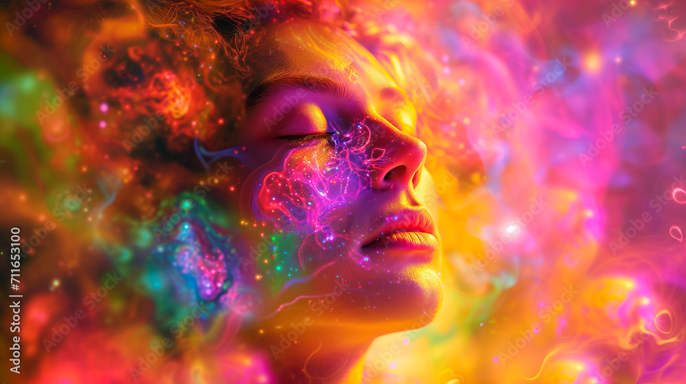 Psychedelic portrait of woman with vibrant neon colors.
