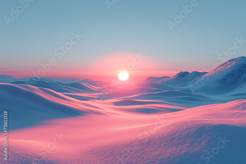 Pink sunset over snowy mountainous landscape