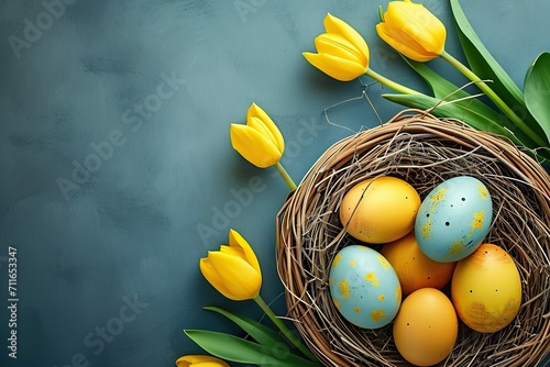 Blooming Easter Elegance Holiday Celebration Banner Greeting Card with Painted Eggs in Bird Nest Basket, Yellow Tulip Flowers on Blue Concrete Table Background. created with Generative AI