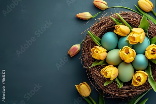 Blooming Easter Elegance Holiday Celebration Banner Greeting Card with Painted Eggs in Bird Nest Basket, Yellow Tulip Flowers on Blue Concrete Table Background. created with Generative AI