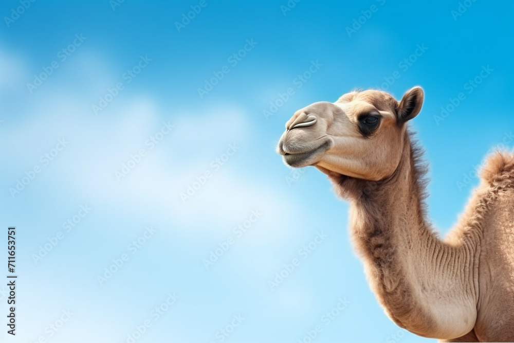 Obraz premium camel on blue background, copy space for text