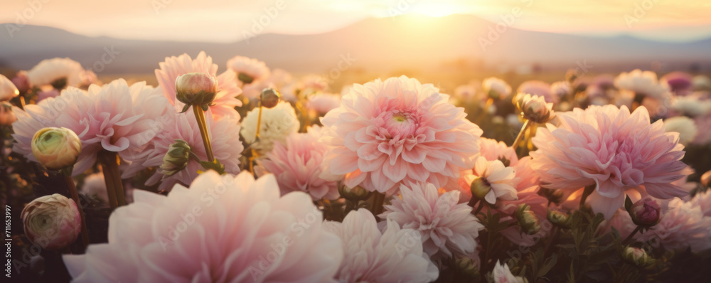 sunset pink flower colorful violet beautiful blooming background meadow nature field.