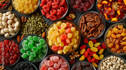 Variety of dried fruits and nuts on dark background, top view