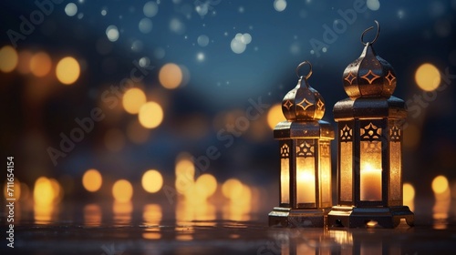 Muslim Holy Month Ramadan Kareem. Decorative Arabic Lantern With Candles Glowing At Night with bokeh background.Generative AI.