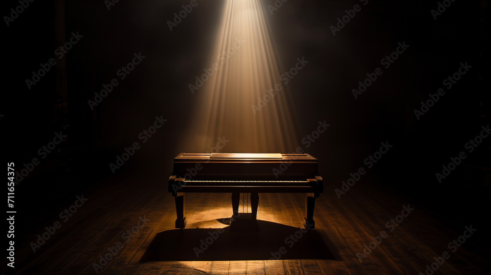 Dramatic solo spotlight on a piano on a dark stage - obrazy, fototapety, plakaty 