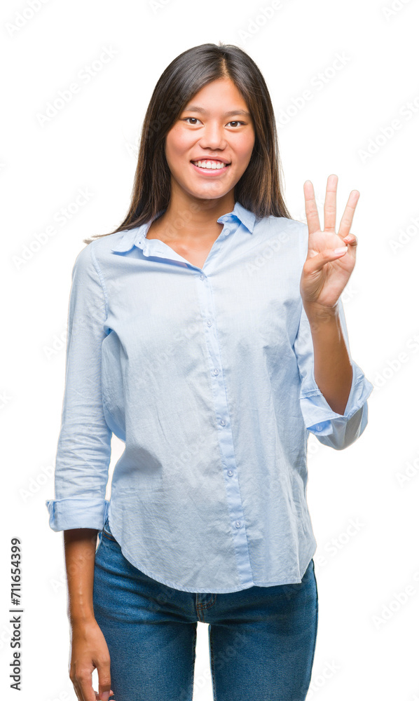 Young asian business woman over isolated background showing and pointing up with fingers number three while smiling confident and happy. Young asian business woman over isolated background showing and pointing up with fingers number three while smiling confident and happy.