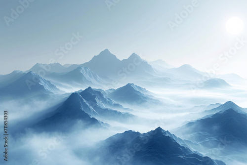 Majestic mountains amidst rolling fog in a blue toned scene