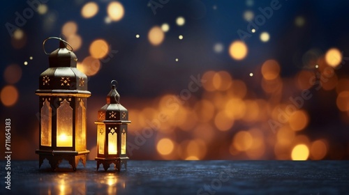 Ramadan Kareem bokeh Background with Lantern. Lanterns in wood table, copy space. Generative AI.