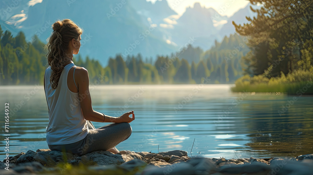 Young woman meditating by the lake