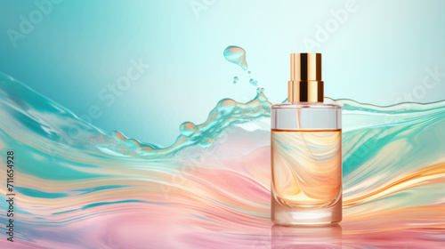 Cosmetic bottle on colorful water texture background with splashes