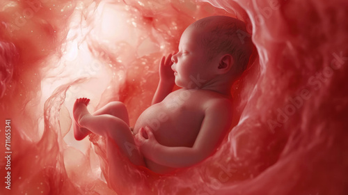 Little human baby inside mother womb. Small embryo in uterus. Cute unborn child sleep in belly. Origin beginning of life concept. Woman pregnancy. Tiny innocent infant grow. Childbirth medical science photo