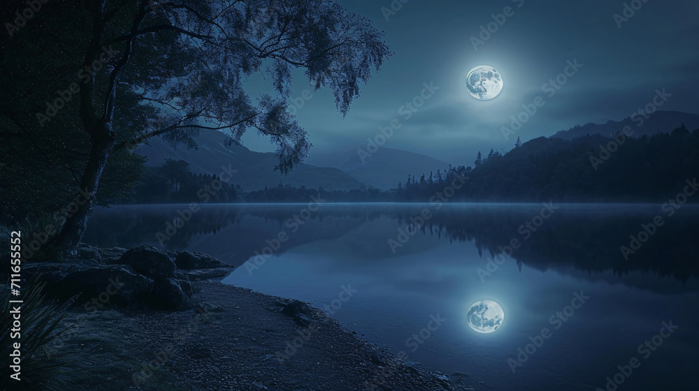 Lakeshore and Moonlight Reflection.