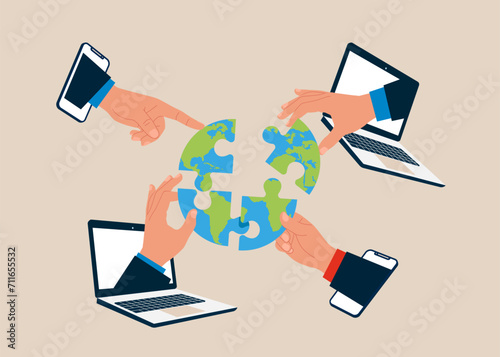 Online open company branches, franchise in new location to cover all internet continent. Vector illustration