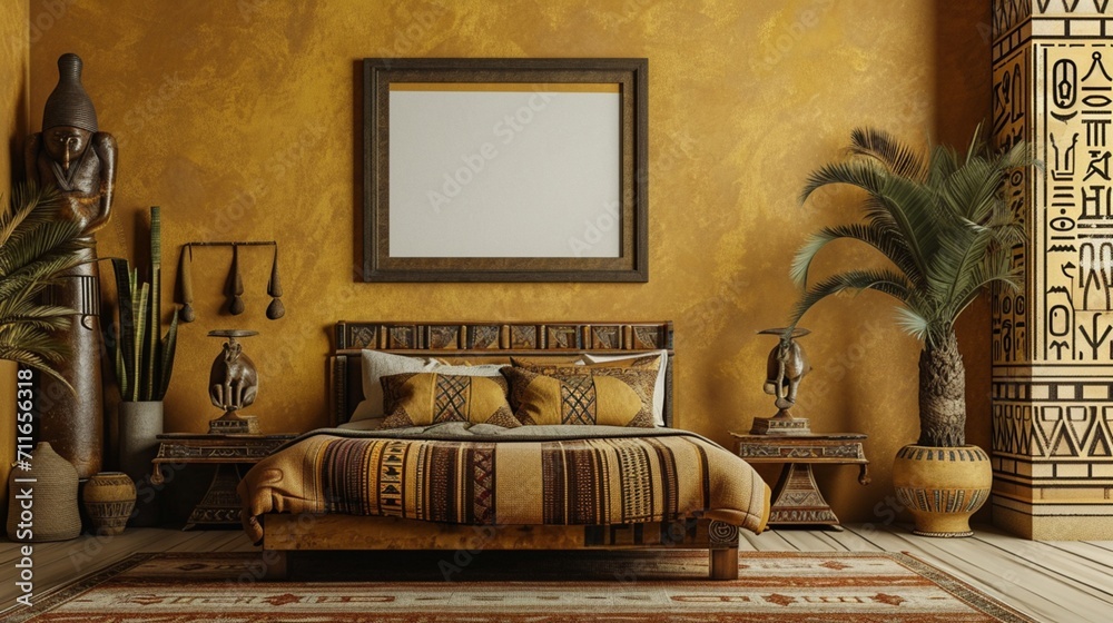Ancient Egyptian themed bedroom with a Pharaoh-style bed, hieroglyphic art, and a blank mockup