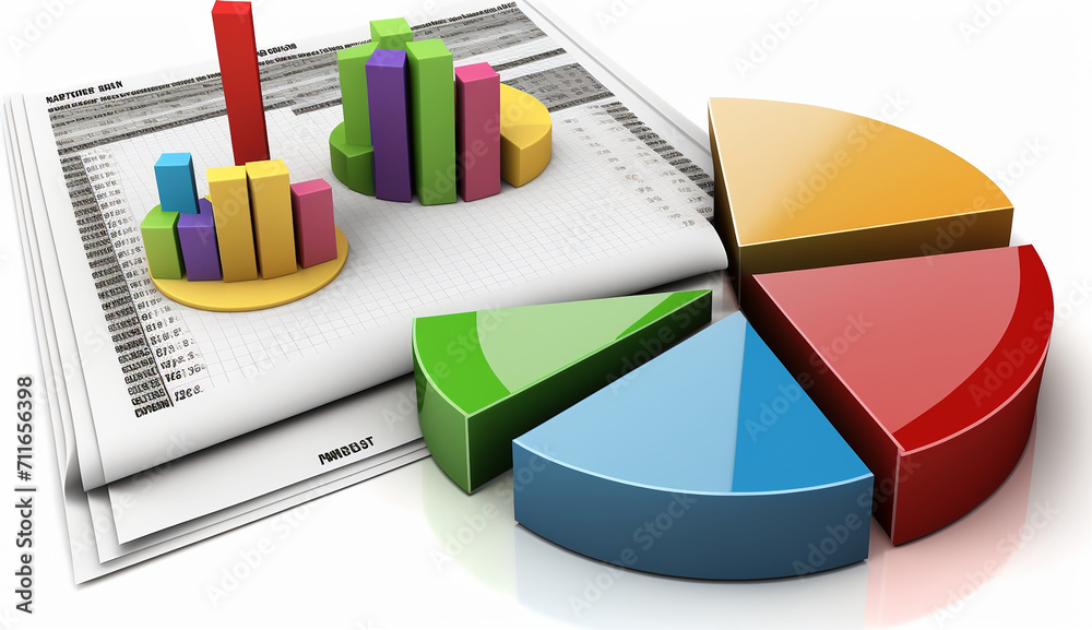 bar graph, pie chart and report paper isolated on white , Ai generated image bar graph, pie chart and report paper isolated on white , Ai generated image