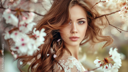 woman with loose locks  posing among cherry blossoms in a spring garden generative ai